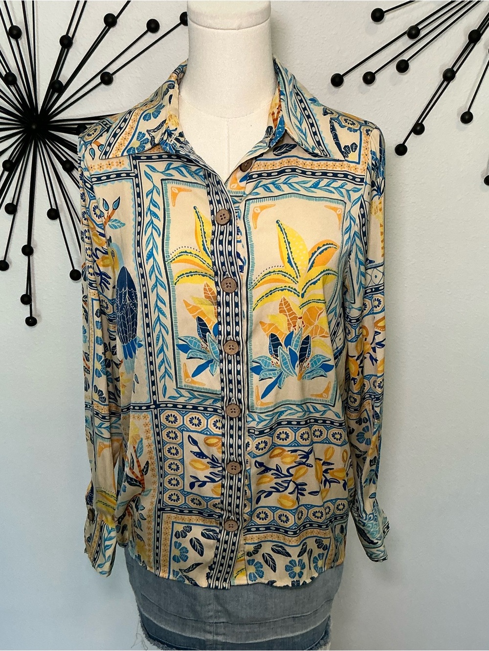 Rachel Zoe Printed Button Up Blouse Size Small Blue Yellow Boho